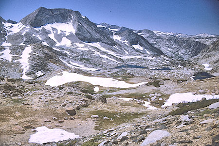 Lake basin between Cataract Creek Pass and Dumbbell Pass (upper left) - Kings Canyon National Park 27 Aug 1969
