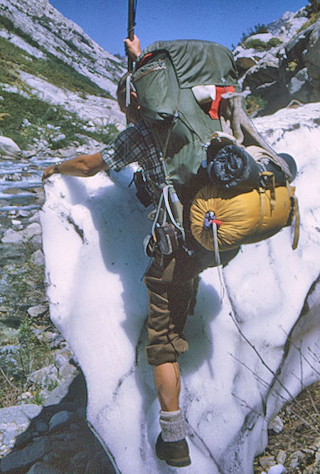Gil Beilke 'up and over' snow blockage - Kings Canyon National Park 30 Aug 1969