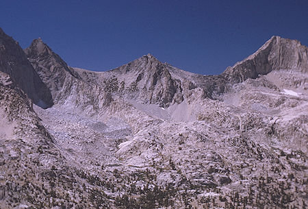 Mount Cotter (left), unnamed, Mount Clarence King from Fin Dome - Kings Canyon National Park 31 Aug 1970