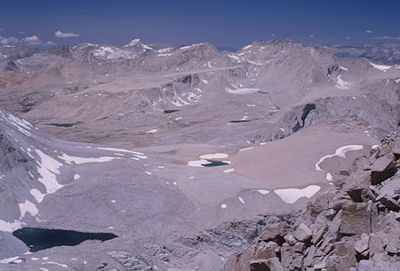 View northwest from top of Mt. Williamson - Shepherd Pass, Diamond Mesa, Mt. Brewer - Jul 1964