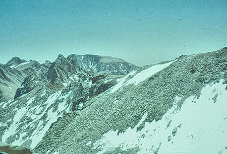 Pointy Mt. McAdie (left center), Mt. Langley (center rear), Trail Crest and trail down east side from Mount Whitney Trail - 24 Jul 1957