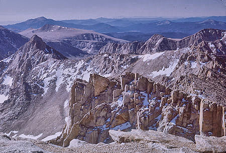Mt. McAdie (left), Whitney Pass and Trail Crest, Keeler Needle from top of Mount Whitney - 21 Aug 1965