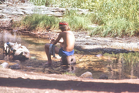 Larry O'Leary doing laundry at Sphinx Creek camp - Kings Canyon National Park 04 Sep 1971