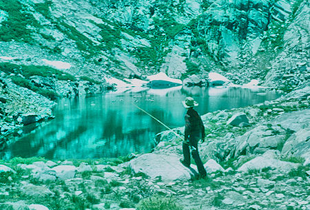 First glimpse of first lake above Hamilton Lake, unknown fellow hiker - Sequoia National Park 20 Jul 1957