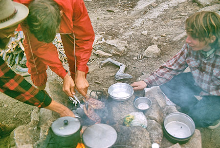 Eating steaks at Upper Rock Creek Lake campsite - Sequoia National Park 28 Aug 1971