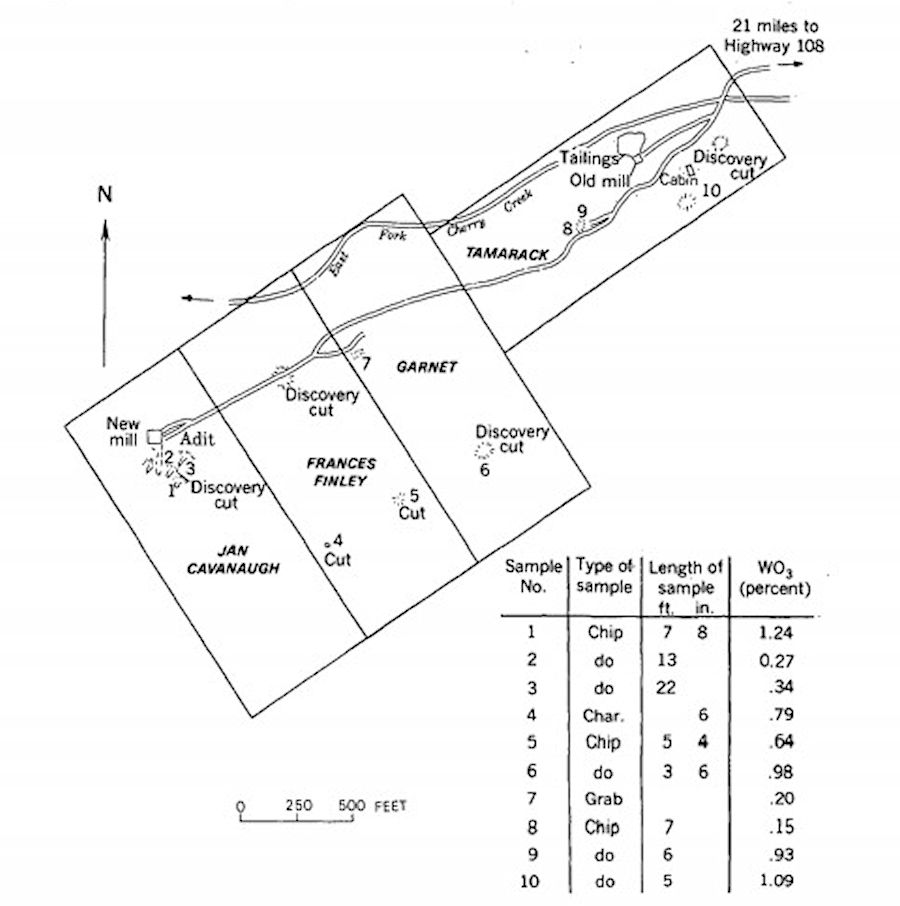 FIGURE 12. Claims, surface development, and sample locations in the western part of the Whittle property