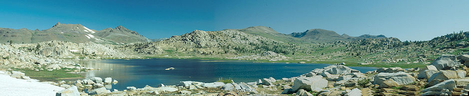 Middle Emigrant Lake looking north at Molo Mountain (second from right), Lost Lake Valley behind ridge in center, Big Sam and route to High Emigrant Lake - Emigrant Wilderness - Aug 1993