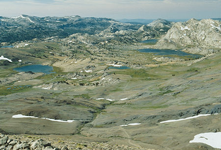 High Emigrant Lake, Red Bug Lake, Emigrant Meadow Lake, Middle Emigrant Lake from top of Big Sam - Emigrant Wilderness - Sep 1993