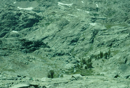 Looking down cliff on descent from Lake Catherine - Ansel Adams Wilderness - Aug 1958