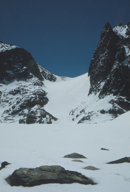 Banner Peak/Mt. Ritter saddle and glacier over Lake Catherine - Ansel Adams Wilderness - May 1977