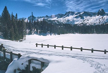 Frozen Lake Mamie, Castle Crag and crest from outlet - Mammoth Lakes Basin 17 Feb 1973