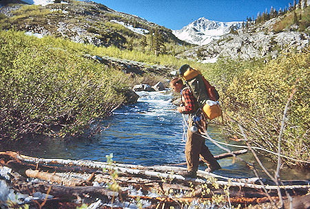 Gil Beilke using 'The Crossing' on McGee Creek - John Muir Wilderness 19 Jun 1971