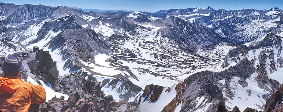 Southeast over Hopkins Pass (bottom center), Mt. Crocker (left), Hopkins Basin and Recesses (right) from Red & White Mountain - John Muir Wilderness 20 Jun 1971