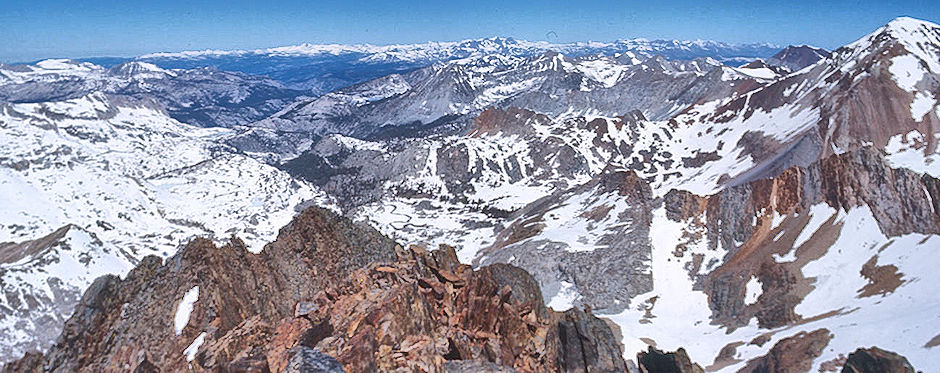Mt. Crocker (right), view toward Cascade Valley, Fish Creek and on skyline Banner Peak, Mt. Ritter, Mt. Conness from Red & White Mountain - John Muir Wilderness 20 Jun 1971