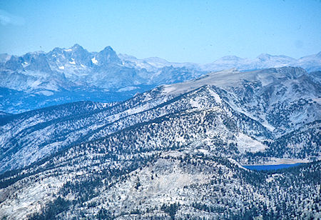 Banner Peak, Mt. Ritter (skyline), Virginia Lake from Mt. Izaak Walton - John Muir Wilderness 30 Aug 1976