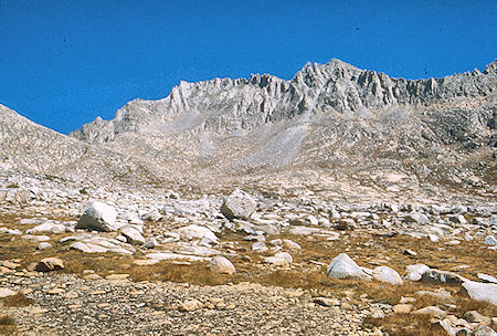 Looking back on Gabbot Pass, Mt Mills, Mt. Abbot and Mt. Dade from near Lake Itally - John Muir Wilderness 03 Sep 1976