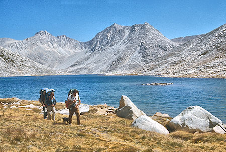 Bear Creek Sphire, Mt. Julius Caesar over Lake Italy, Randy Stevenson, Lisa Sternberg, Stan Haye - John Muir Wilderness 03 Sep 1976