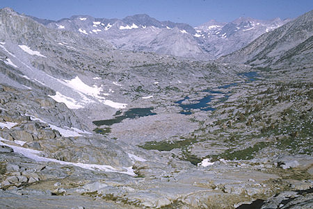 Looking back at Dusy Basin, LeConte Canyon, Black Divide, Peak 13231, Mt. Fiske from below Knapsack Pass - Kings Canyon National Park 24 Aug 1969