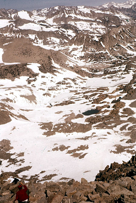 Looking downslope from Mt. Agassiz into Saddlerock Lake Basin - John Muir Wilderness 24 Jun 1962