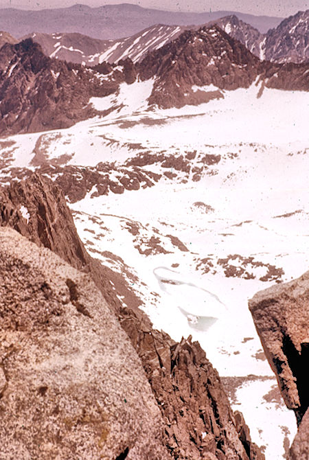 Palisade Glacier, Mt. Gayley, Temple Crag, unnamed lake from Mt. Agzssia - John Muir Wilderness 24 Jun 1962