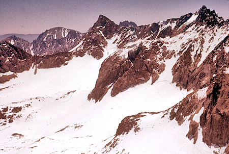 Mt. Gayley, Mt. Sill, North Palisade, Palisade Glacier from Mt. Agassiz - John Muir Wilderness 24 Jun 1962