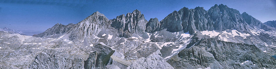 Bishop Pass, Mt. Agassiz, Mount Winchell, Thunderbolt Peak, North Palisade from Columbine Peak - Kings Canyon National Park 24 Aug 1969