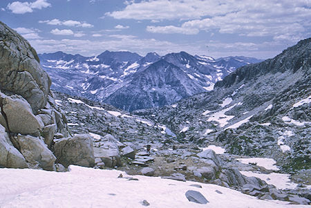 View toward Amphitheatre Lake during descent from Knapsack Pass - Kings Canyon National Park 24 Aug 1969