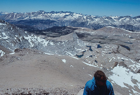 Wright Lakes, Big Horn Plateu, Kaweah's from top of Trojan Peak over Bob Johnson - Jul 1971
