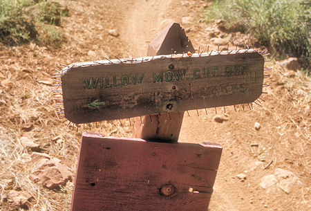 Willow Meadow Cutoff Trail Sign - note the nails in the sign to discourage bears from chewing on the sign