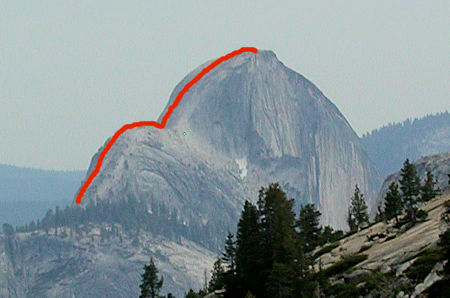 Half Dome from Olmstead Point on the Tioga Pass Road with the hiker cable route shown - Yosemite National Park - 24 Jun 2006