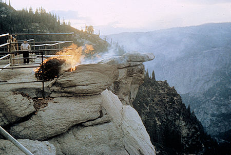The fire burining with Hanging Rock in the background - Yosemite National Park Jul 1957