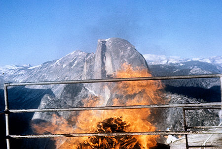 The fire burining with Half Dome in the background - Yosemite National Park Jul 1957