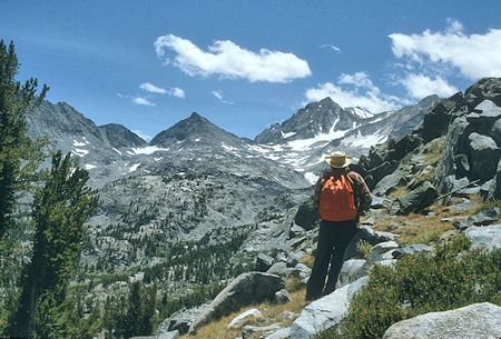 Don Stansifer admiring upper Little Lakes Valley from ridge between Mills Lake and Little Lakes Valley - 1987
