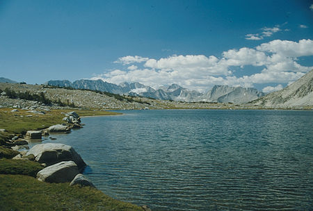 Mt. Abbot, Mt. Mills, Mt. Gabb over high lake, Pioneer Basin - 1987