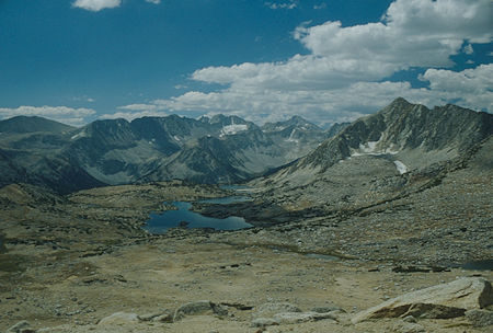 Mono Pass, Mt. Abbot, Mt. Mills, Mt. Gabb, Fourth Recess, Third Recess, Mt. Hopkins, Pioneer Basin from Steelhead Lake saddle - 1987