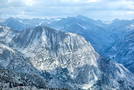 Pavillion Dome (foreground), Mt. Goddard (right skyline) and Goddard Canyon from Turret Peak - John Muir Wilderness 08 Sep 1976