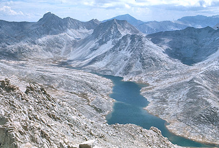 Bear Creek Spire, Julius Caesar, Italy Pass, Jumble Lake, Lake Italy from Mt. Hilgard - John Muir Wilderness 04 Sep 1976