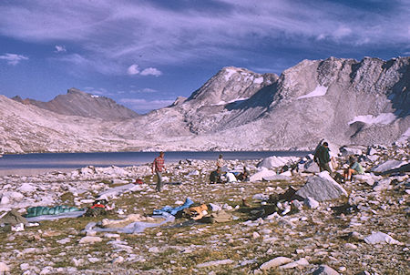 Camp at Wanda Lake, Muir Pass beyond lake - Kings Canyon National Park 25 Aug 1964