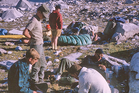 Camp at Wanda Lake, Muir Pass beyond lake - Kings Canyon National Park 25 Aug 1964