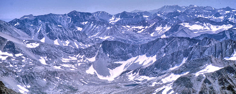 View south/southeast from Mount Sill - Mt. Williamson, Mt. Tyndall, Mt. Whitney on right skiline - Kings Canyon National Park 25 Aug 1969