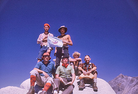 In back - Dale Caldwell, Richard Alvernez; In front - Don Deck, Tim McSweeney, Roger Getz, Gil Beilke on top of Fin Dome - Kings Canyon National Park 31 Aug 1970