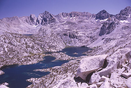 Rae Lakes, Dragon Lake (on left behind ridge) from top of Fin Dome - Kings Canyon National Park 31 Aug 1970