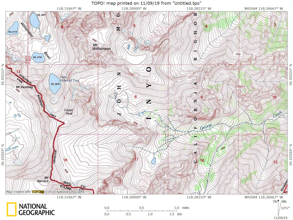 Mt. Williamson, Trojan Peak, Mt. Barnard, George Creek area map