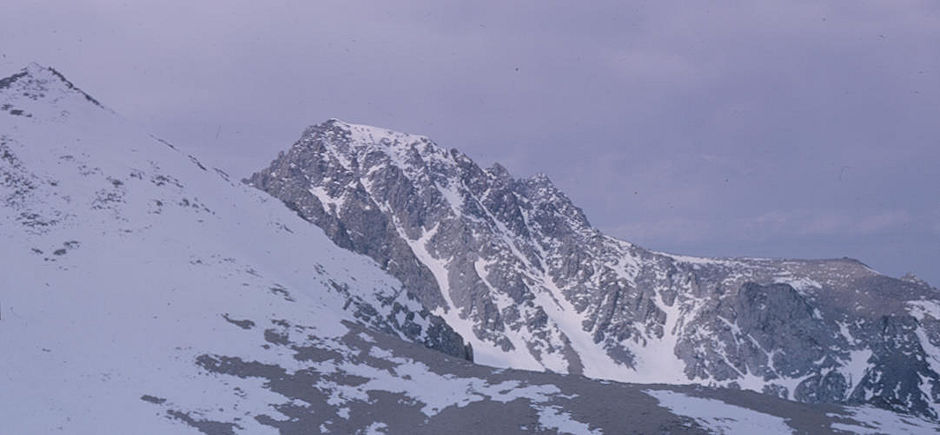 Trojan Peak (left), Mt. Williamson (right) from snow slope on way to Mt. Barnard - May 1965