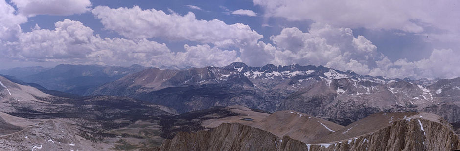 View across Kern Canyon at Mt. Kaweah (center) and Kaweah ridge from top of Mt. Tyndall - 18 Aug 1965