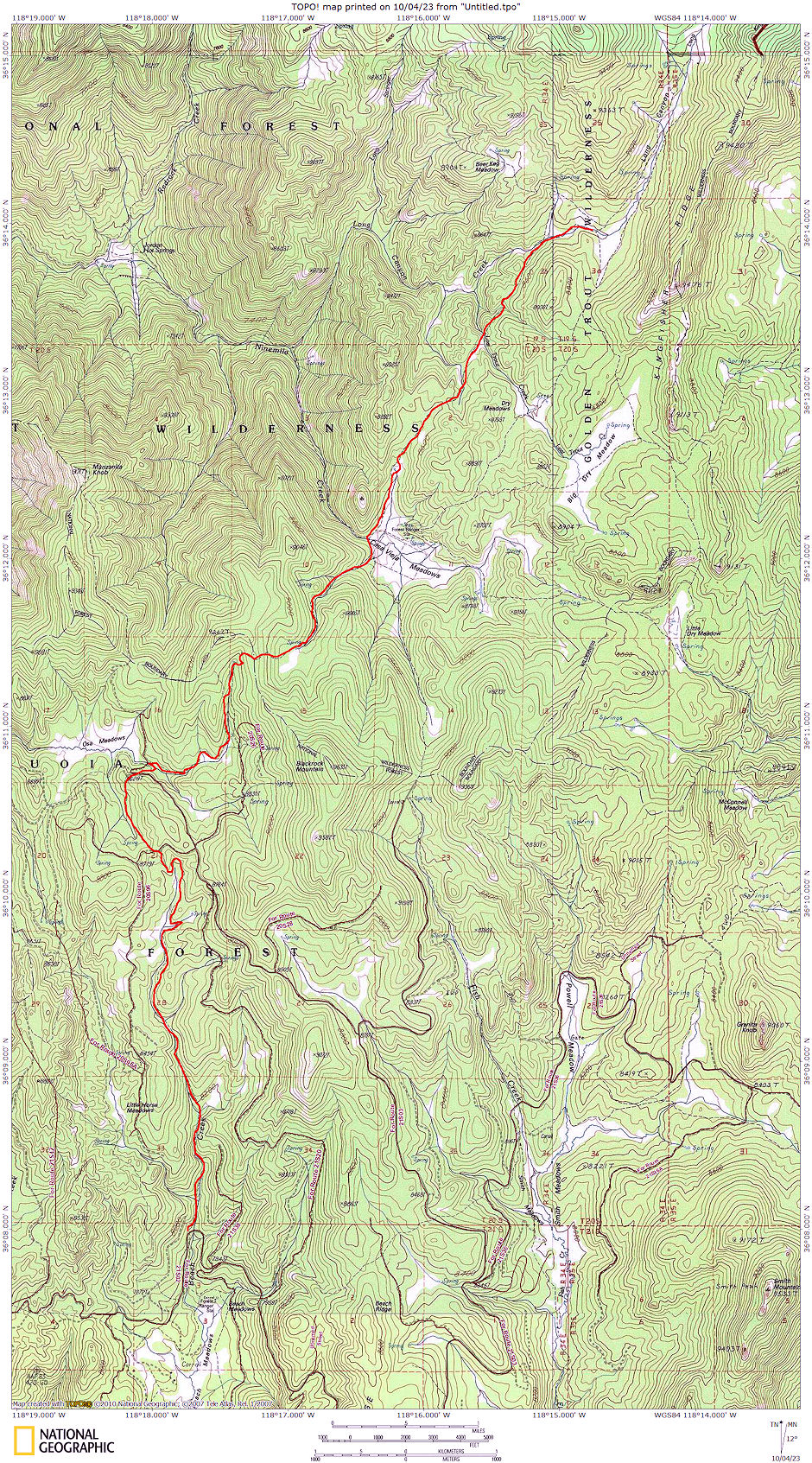 Beach Meadow to Osa Meadow to Casa Vieja Meadow to Long Canyon route map 1971