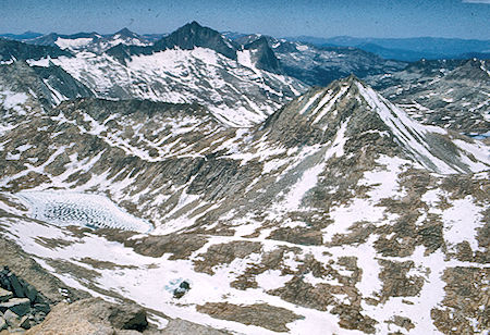 Seven Gables, pass from Bear Lakes basin to Merriam Lake basin from Royce Peak - John Muir Wilderness 05 Jul 1975