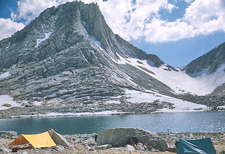 Merriam Peak, Merriam Peak/Royce Peak pass from camp at Royce Lake #2 - John Muir Wilderness 05 Jul 1975