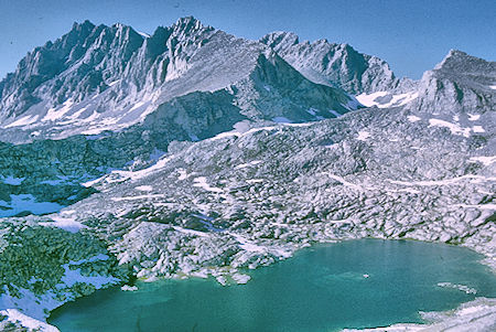 North Palisade (left rear), Mount Sill (right rear), Polimonium Peak (front), Lake 11672 from Cirque Pass - Kings Canyon National Park 25 Aug 1969
