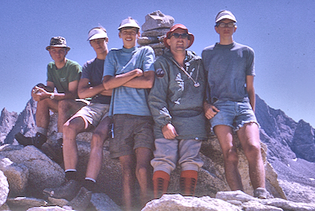 Foster, Foulds, Drollinger, Deck, Vicklun on top of Cirque Pass Peak - Kings Canyon National Park 24 Aug 1970